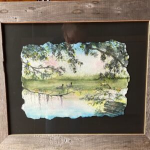 Painting of a peaceful lake with ducks in it