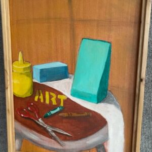 Painting of various art supplies on a table
